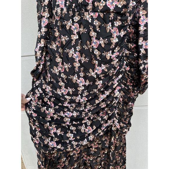 ASTR The Label Dark Floral Puff Sleeves Burntout Velvet Ruched Midi Dress Sz L - Picture 16 of 16